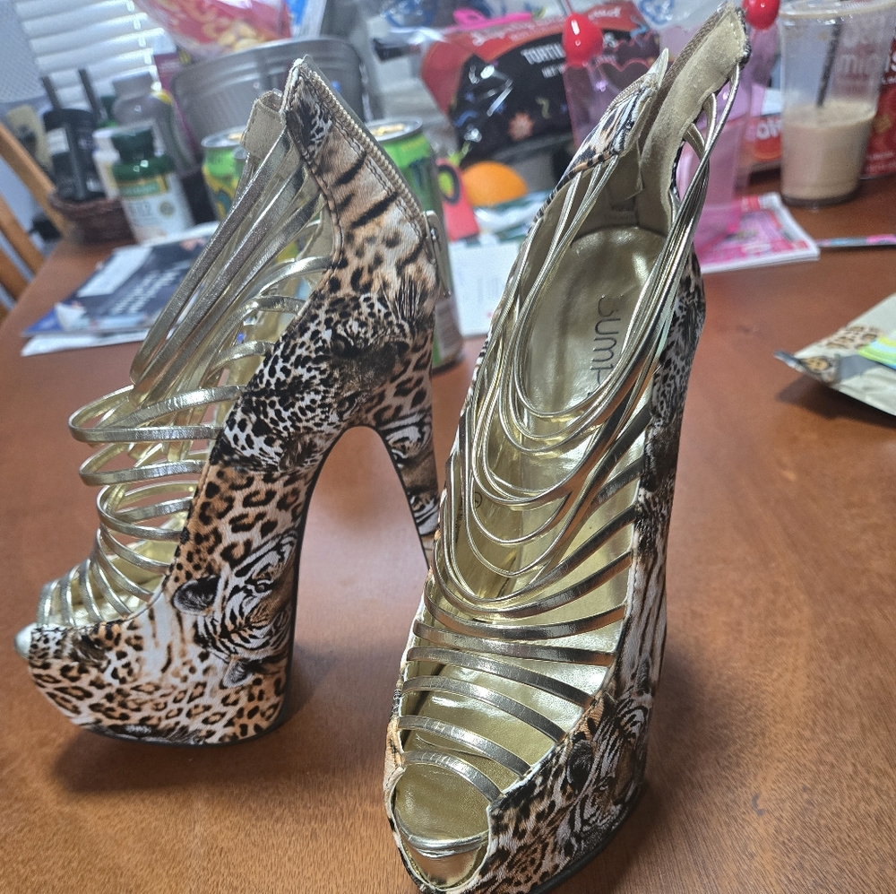 Jungle Print Gold Strappy Heels with zip up back